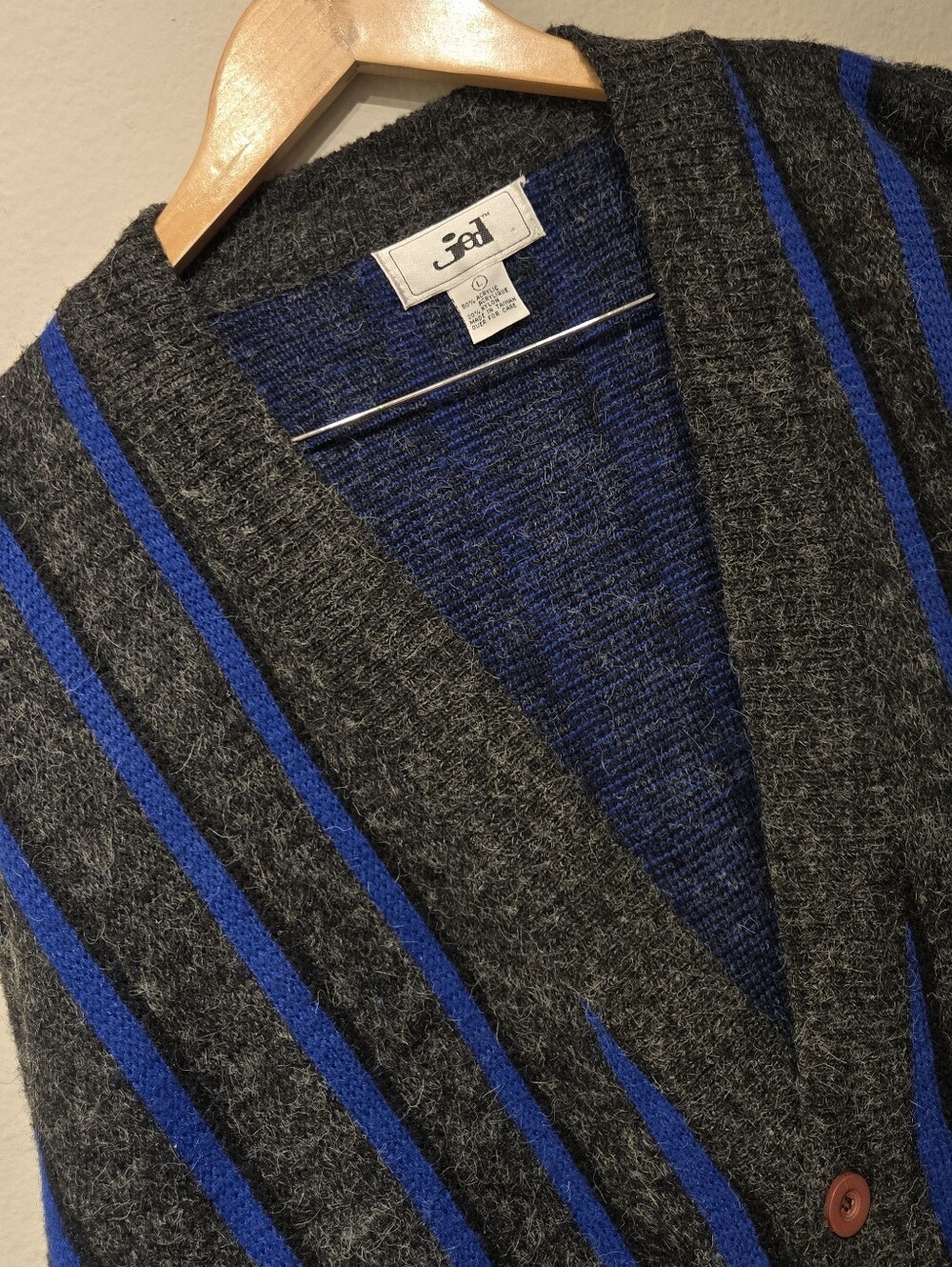 Vintage Jed Mens Stripe Knit Cardigan Sweater Grey Blue SzL Faux Mohair 4 Button